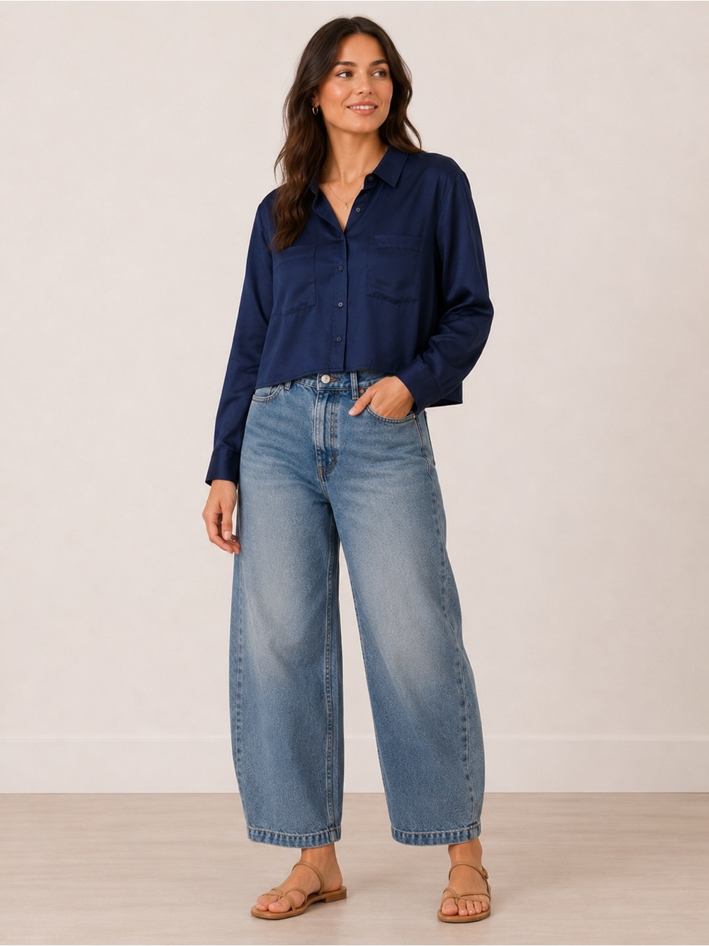PINK Victoria’s Secret NWT Minimalist Navy Blue Cropped Button Front Shirt Large